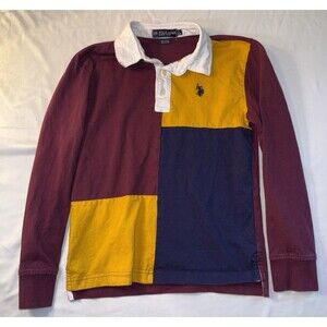 US Polo Assn Color Block Long Sleeve Polo Shirt Boys Size Large Button Collared